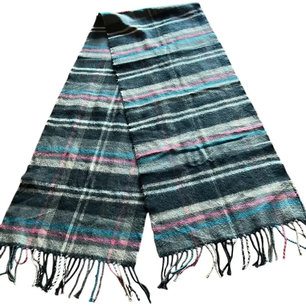 Multicolor Plaid Wool Scarf with Fringe Soft Cozy Warm Winter 70